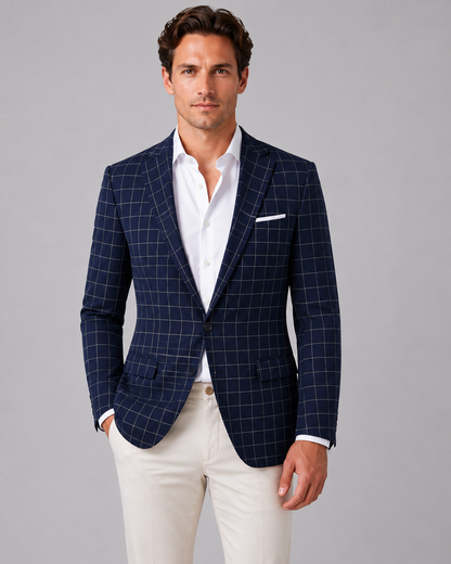 Men's Tailored Windowpane Wool Blazer Jacket
