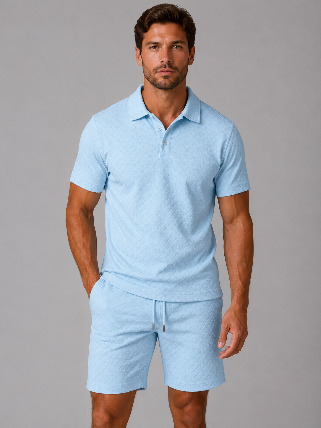 Men's Casual Textured Cotton Polo Shirt and Shorts Set