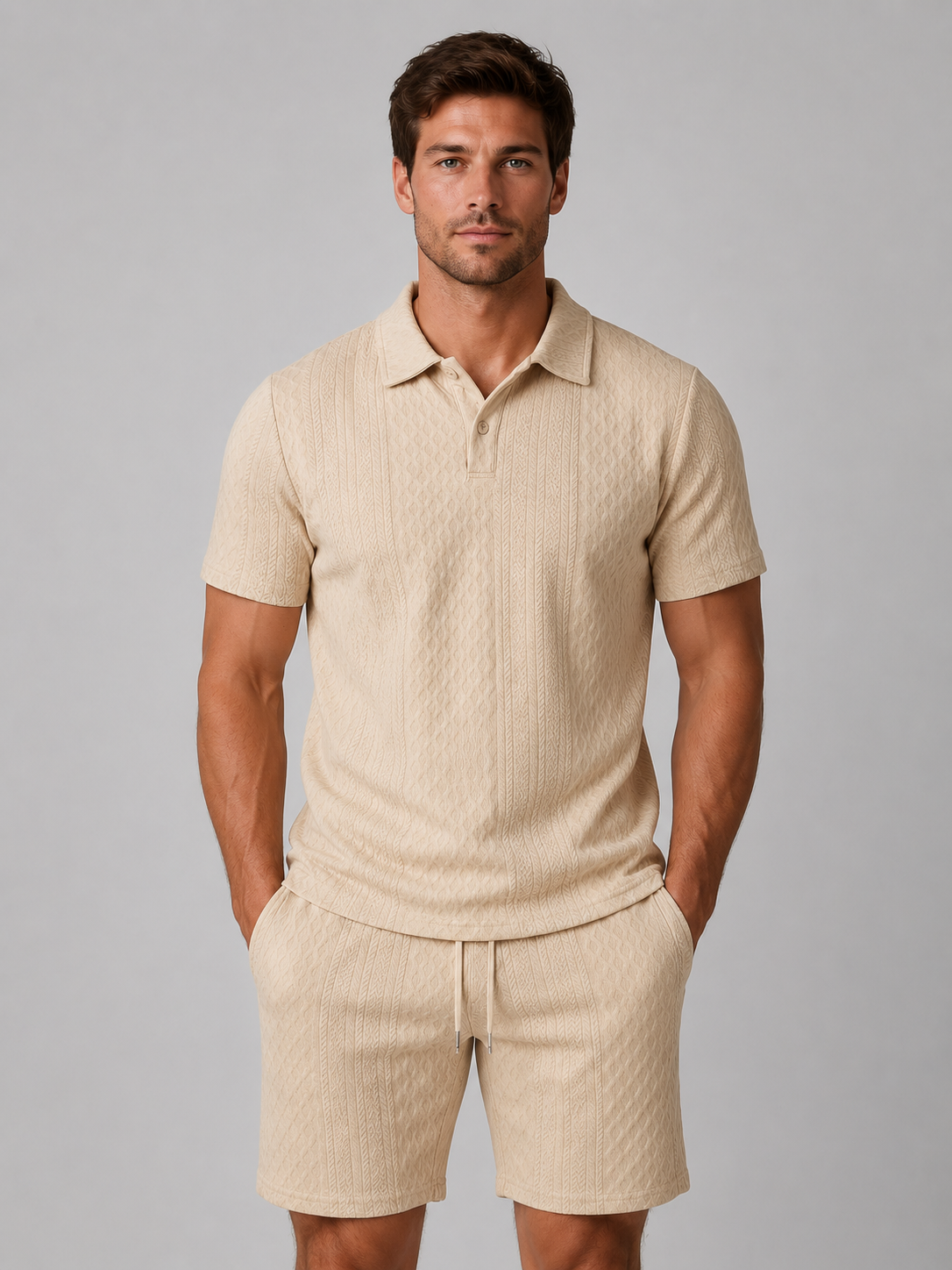 Men's Casual Textured Cotton Polo Shirt and Shorts Set