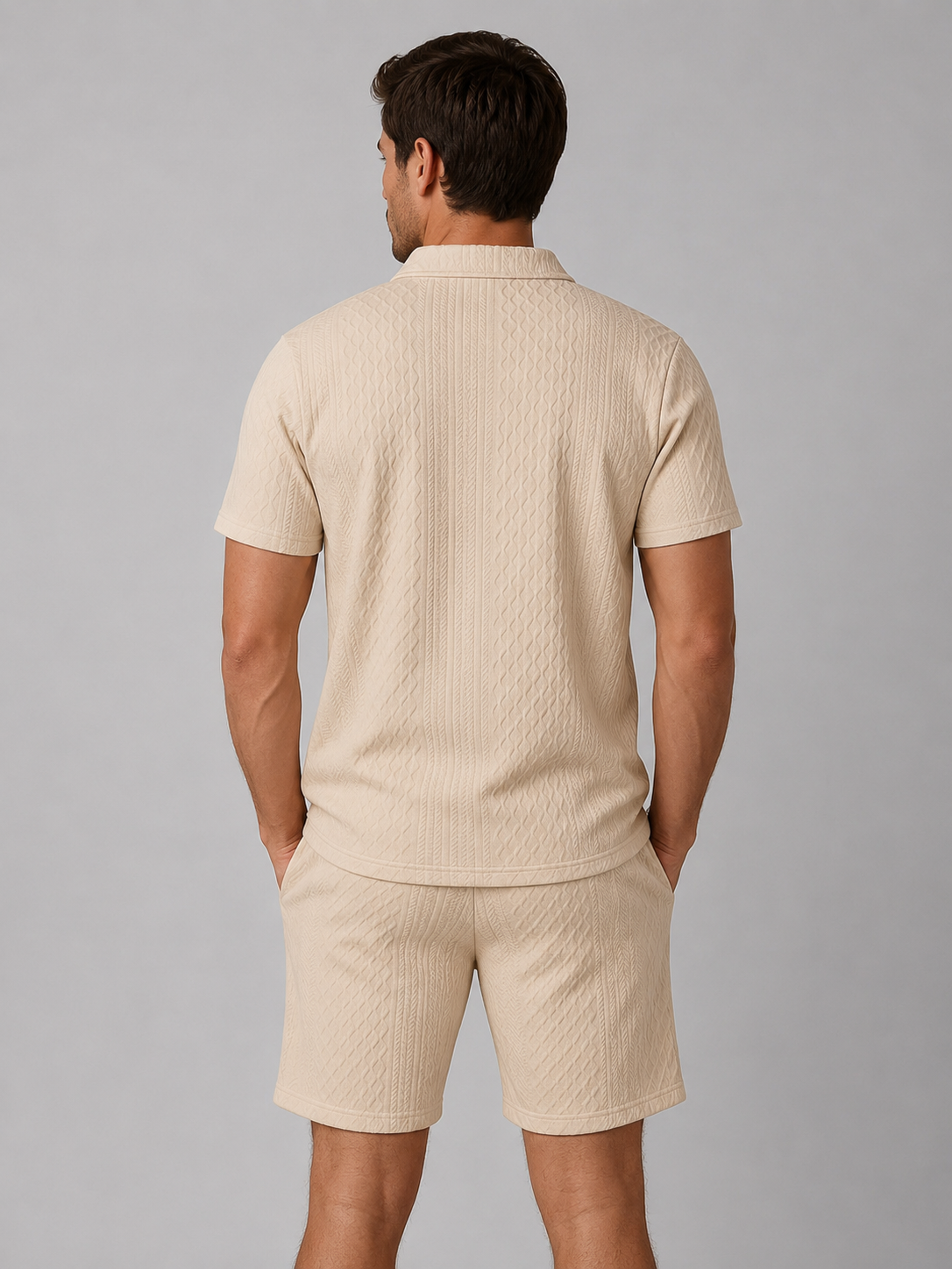 Men's Casual Textured Cotton Polo Shirt and Shorts Set