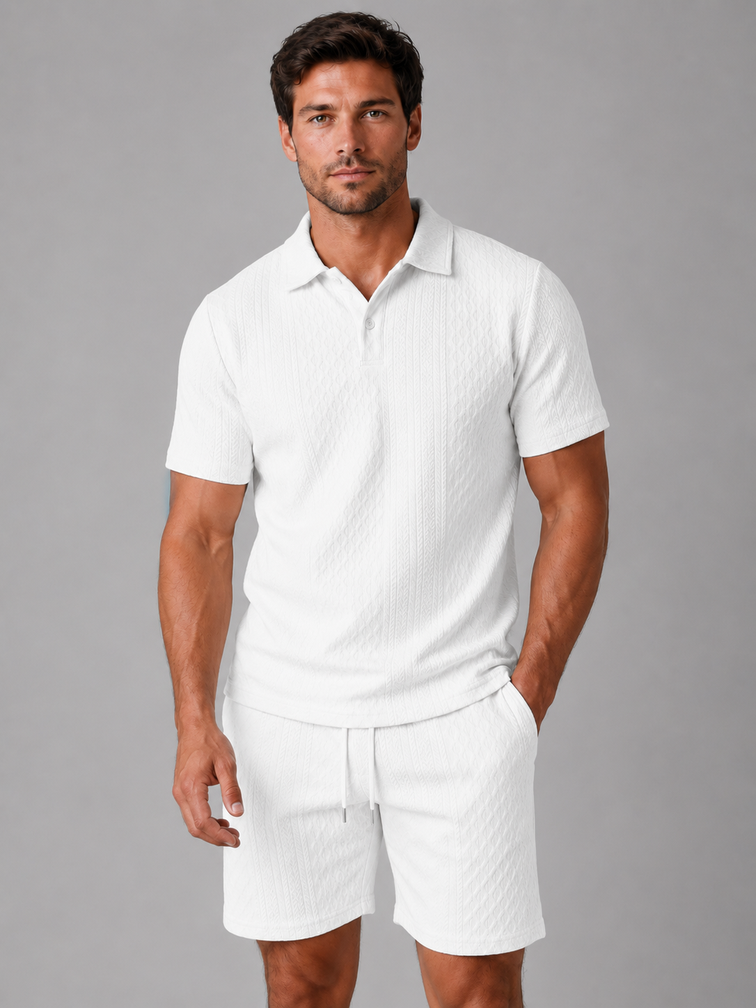 Men's Casual Textured Cotton Polo Shirt and Shorts Set