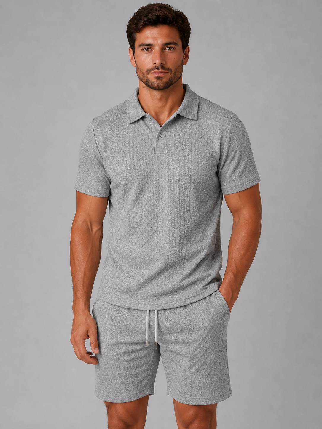Men's Casual Textured Cotton Polo Shirt and Shorts Set