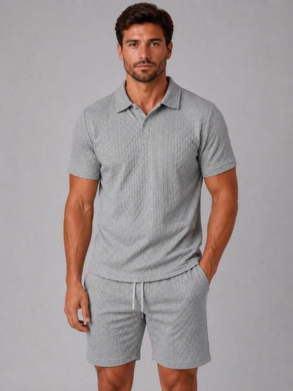 Men's Casual Textured Cotton Polo Shirt and Shorts Set
