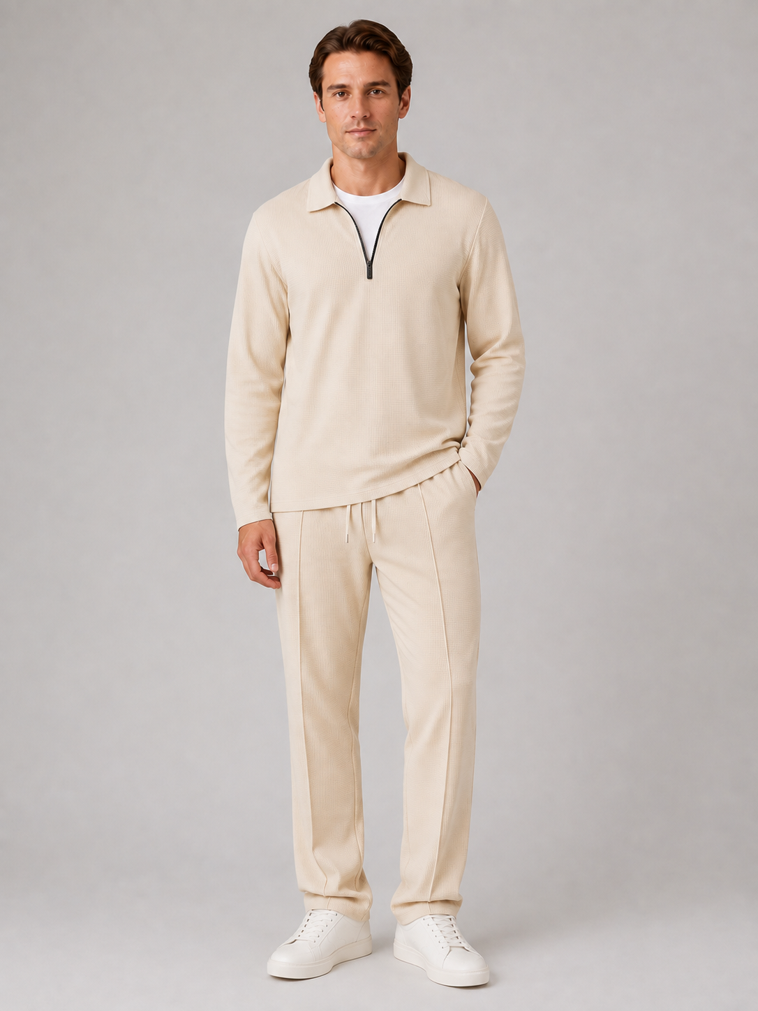 Men's Casual Textured Cotton Polo Shirt and Trousers Set