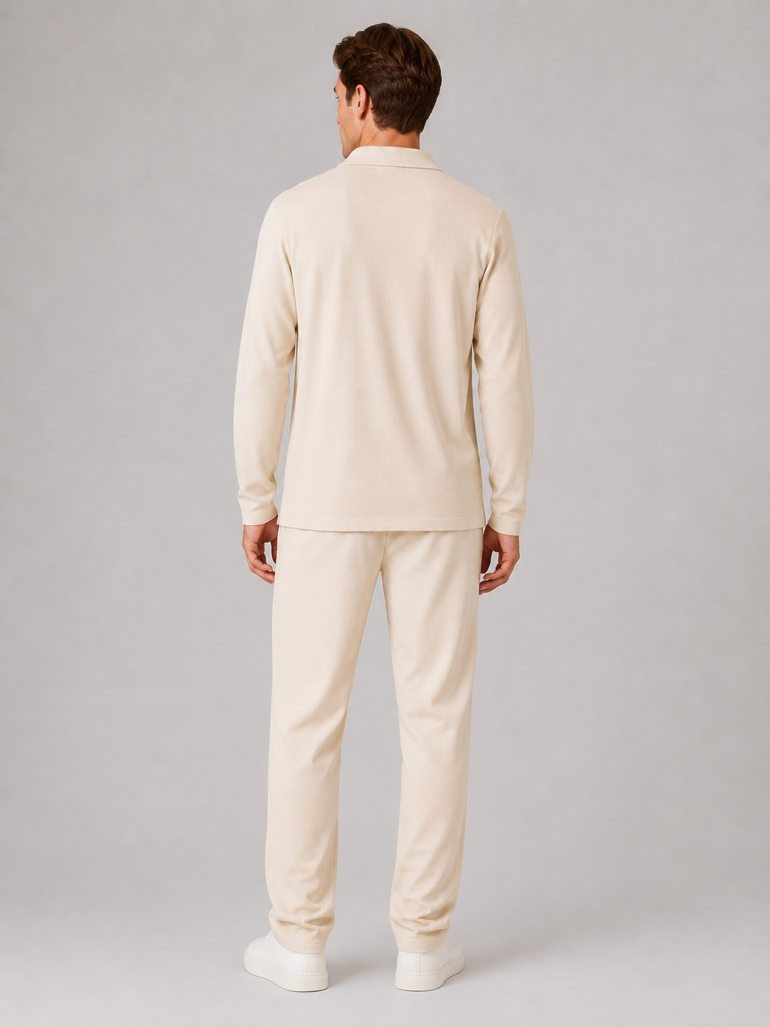 Men's Casual Textured Cotton Polo Shirt and Trousers Set