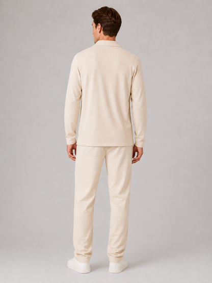 Men's Casual Textured Cotton Polo Shirt and Trousers Set