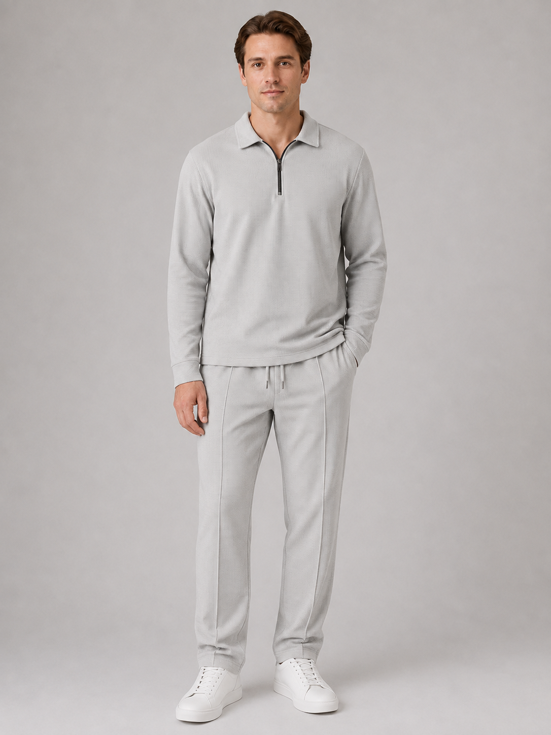 Men's Casual Textured Cotton Polo Shirt and Trousers Set