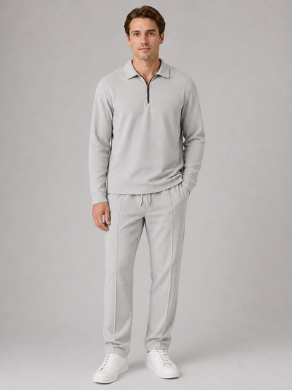 Men's Casual Textured Cotton Polo Shirt and Trousers Set