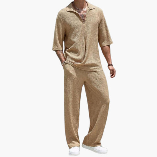 Men's Casual V-Neck Button Closure Two-Piece Outfit Set