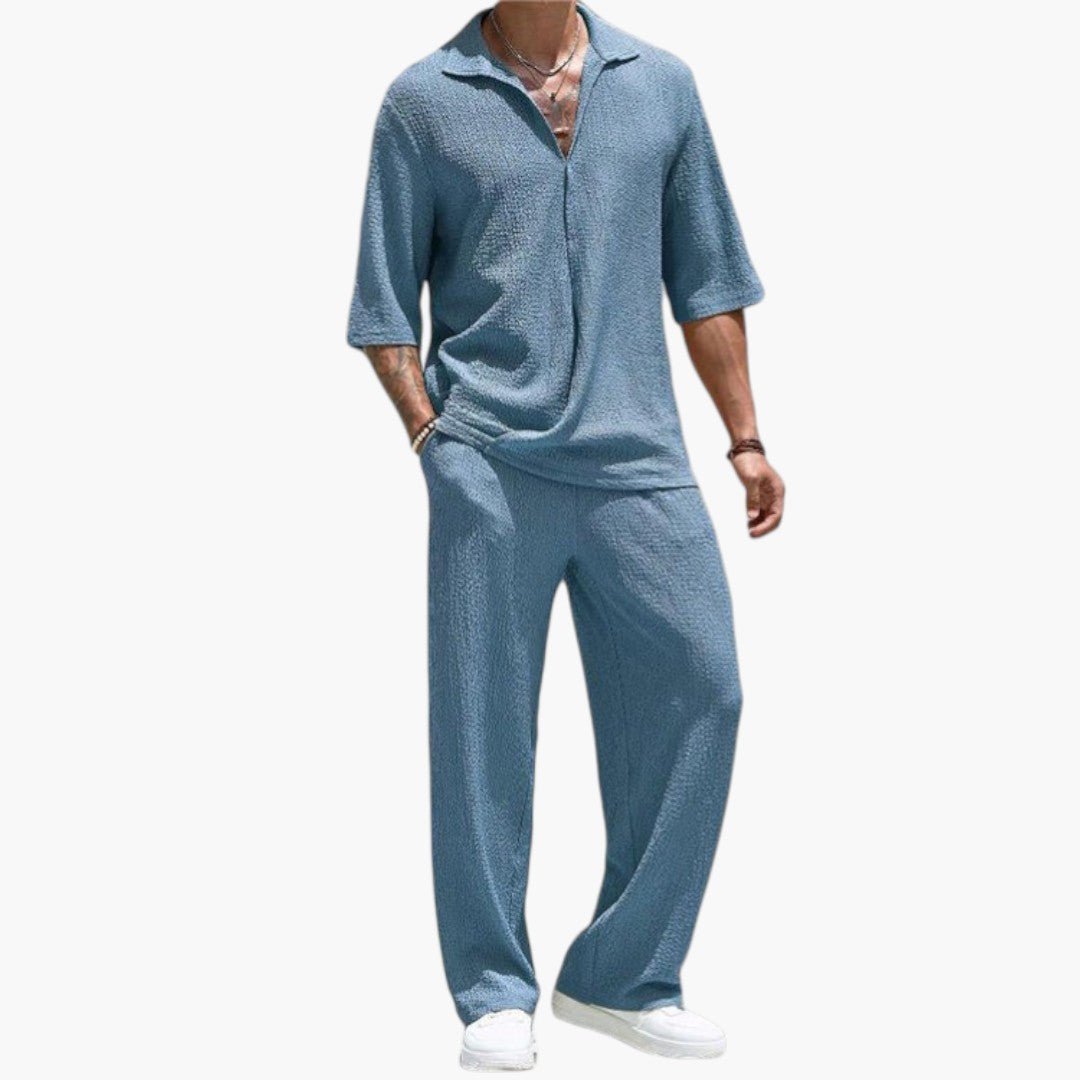 Men's Casual V-Neck Button Closure Two-Piece Outfit Set