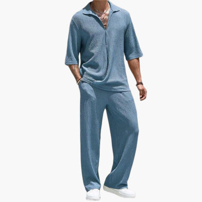 Men's Casual V-Neck Button Closure Two-Piece Outfit Set