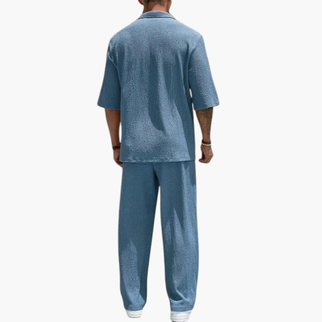 Men's Casual V-Neck Button Closure Two-Piece Outfit Set