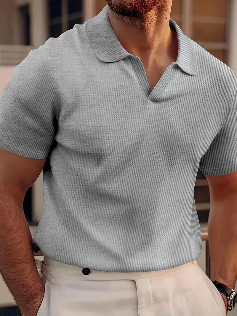 Men's Casual Cotton V-Neck Short Sleeve Polo Shirt