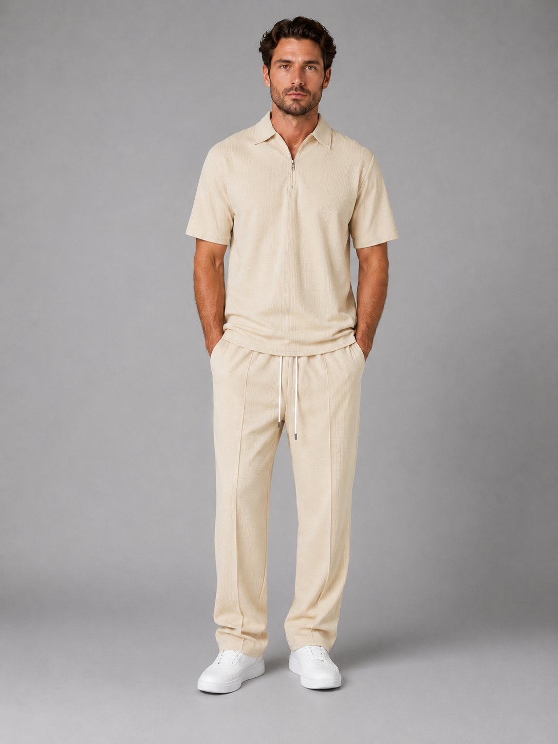 Men's Casual Waffle Knit Zip Neck Polo Shirt and Drawstring Trousers