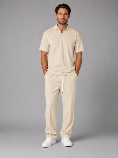 Men's Casual Waffle Knit Zip Neck Polo Shirt and Drawstring Trousers