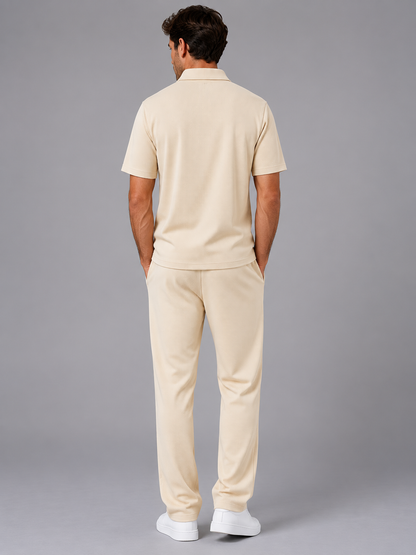 Men's Casual Waffle Knit Zip Neck Polo Shirt and Drawstring Trousers