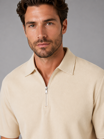 Men's Casual Waffle Knit Zip Neck Polo Shirt and Drawstring Trousers