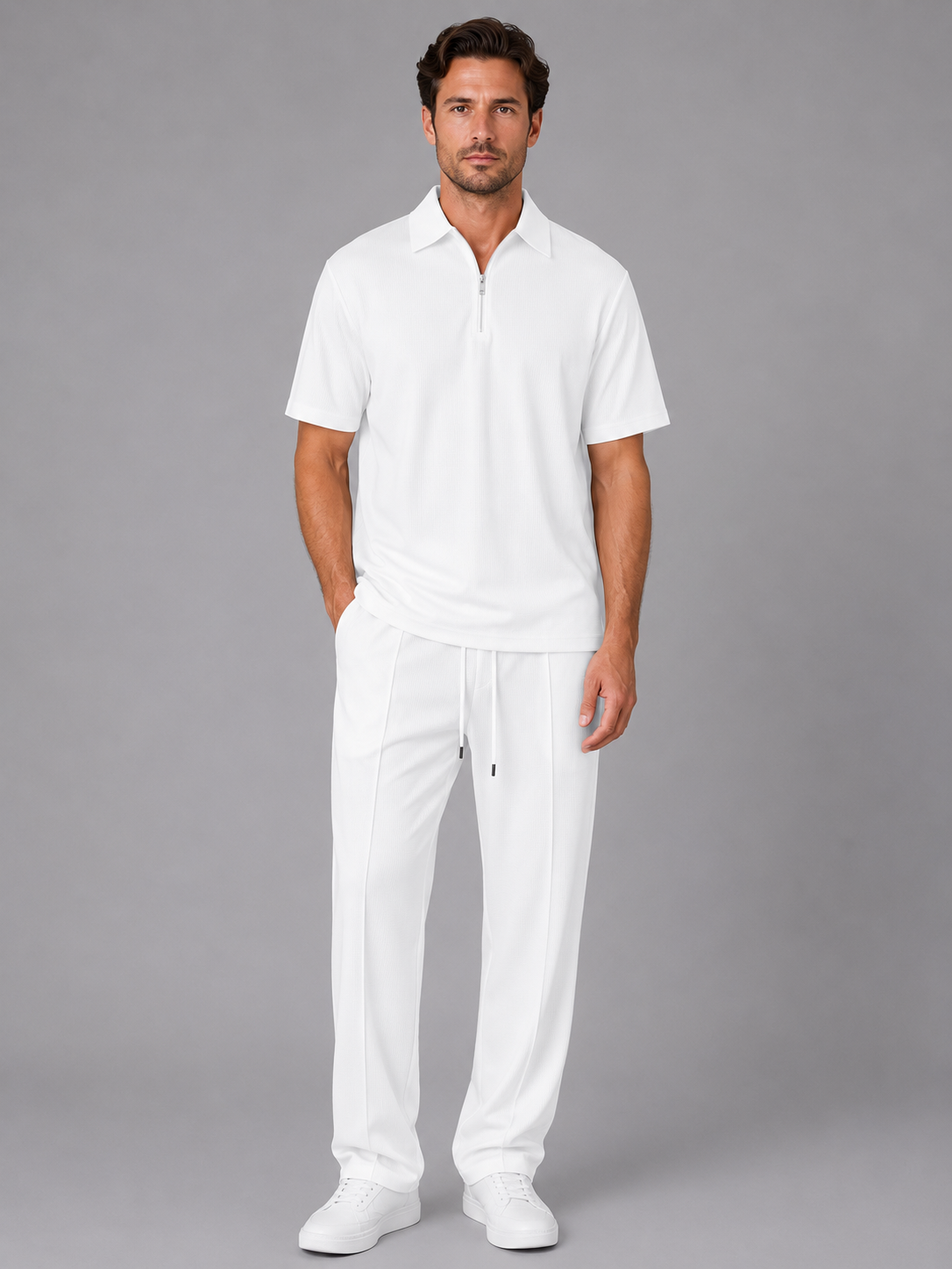 Men's Casual Waffle Knit Zip Neck Polo Shirt and Drawstring Trousers