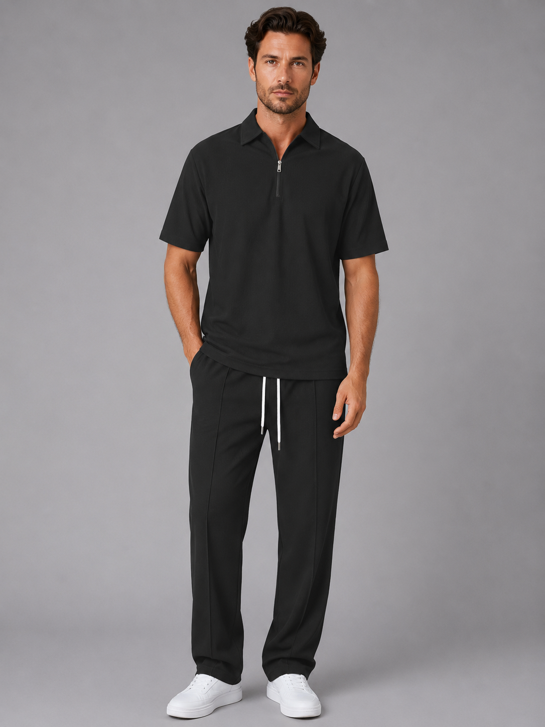 Men's Casual Waffle Knit Zip Neck Polo Shirt and Drawstring Trousers