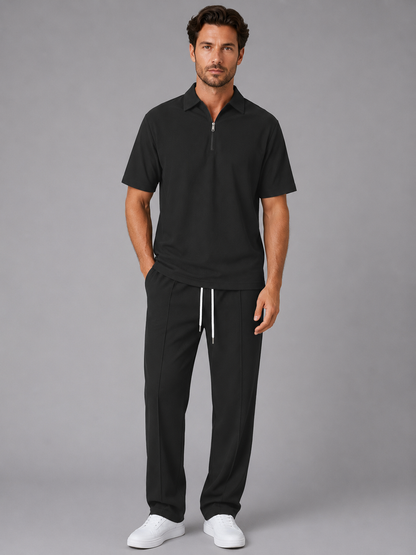 Men's Casual Waffle Knit Zip Neck Polo Shirt and Drawstring Trousers