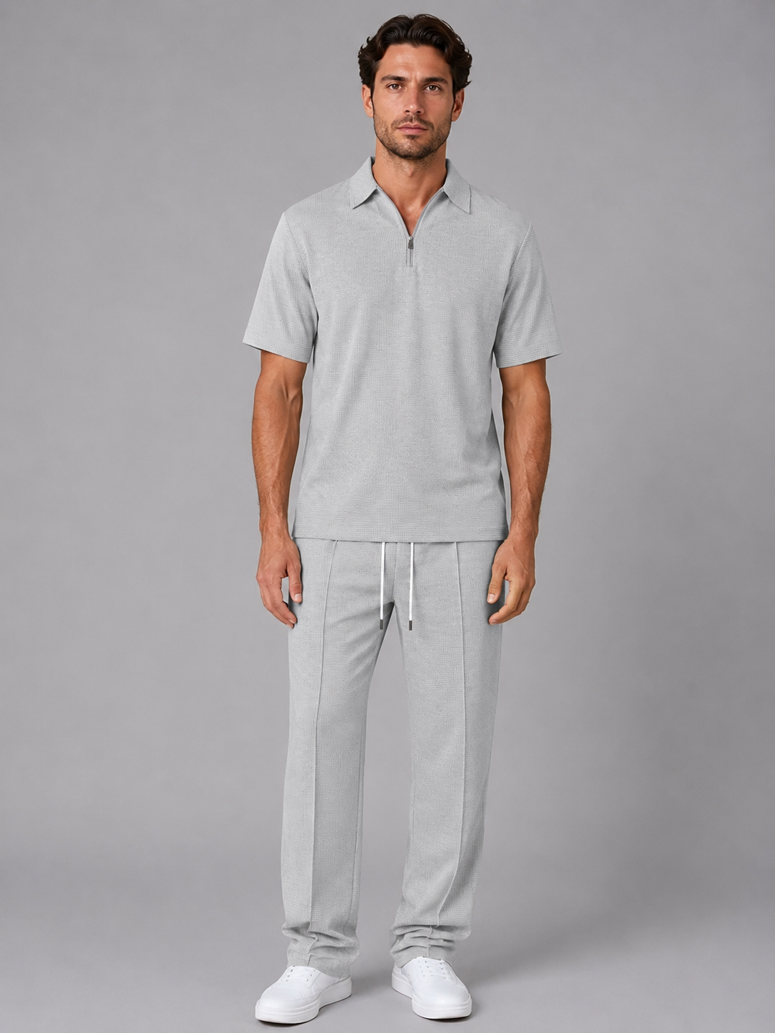 Men's Casual Waffle Knit Zip Neck Polo Shirt and Drawstring Trousers