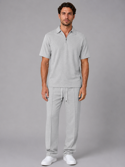 Men's Casual Waffle Knit Zip Neck Polo Shirt and Drawstring Trousers