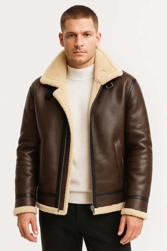 Men's Classic Leather Aviator Jacket with Warm Lining