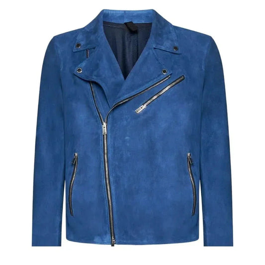 Men's Blue Suede Leather Biker Jacket Soft Real Suede Moto Style - OutfitLondon