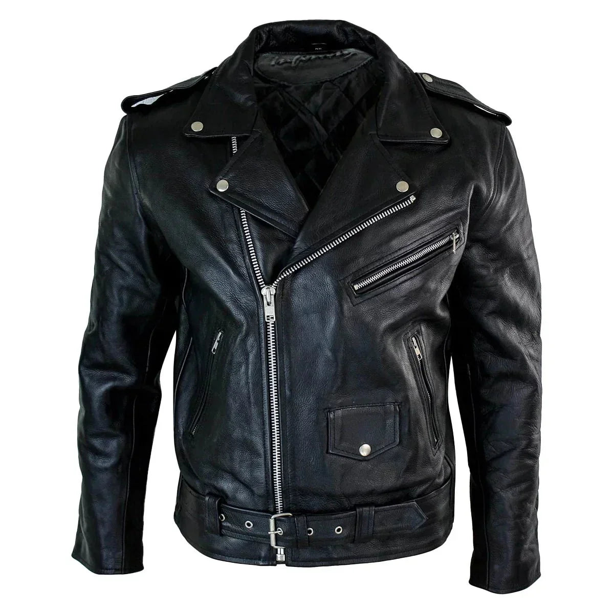 Men's Leather Biker Jacket Black Real Leather Zipper Pockets - OutfitLondon