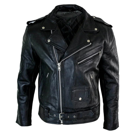 Men's Leather Biker Jacket Black Real Leather Zipper Pockets - OutfitLondon