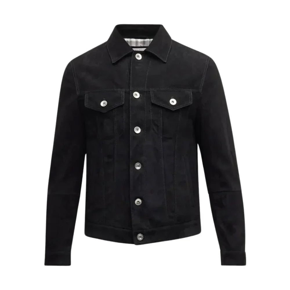 Men's Suede Leather Trucker Jacket Black - OutfitLondon