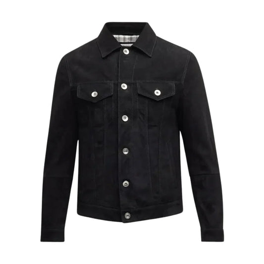Men's Suede Leather Trucker Jacket Black - OutfitLondon