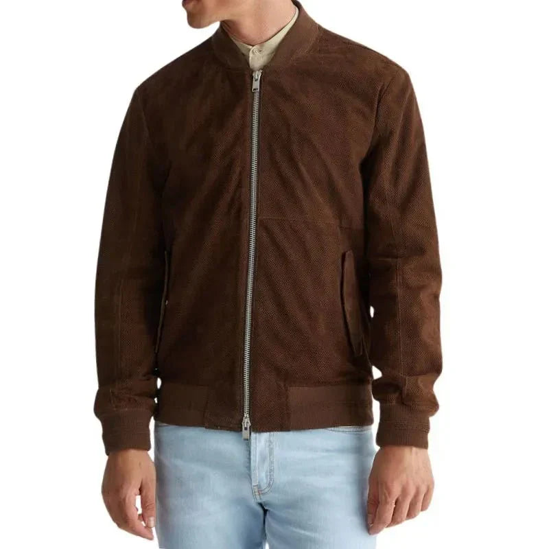 Men's Suede Leather Bomber Jacket Dark Brown - OutfitLondon