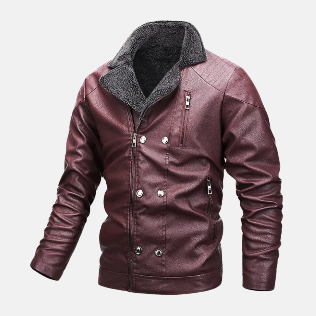 Men’s Faux Leather Jacket – Shearling Lined – Quilted Shoulders – Zip Button Closure