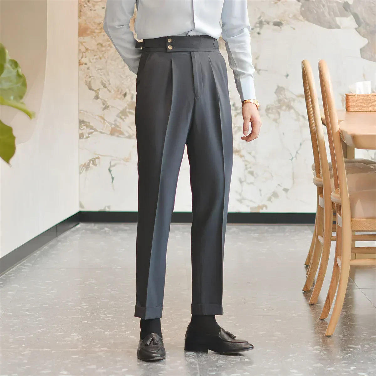 Slim Fit Dress Pants - Pleated Front Cuffed Leg