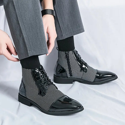 Classic Men's Lace-Up Oxfords - Black White Houndstooth