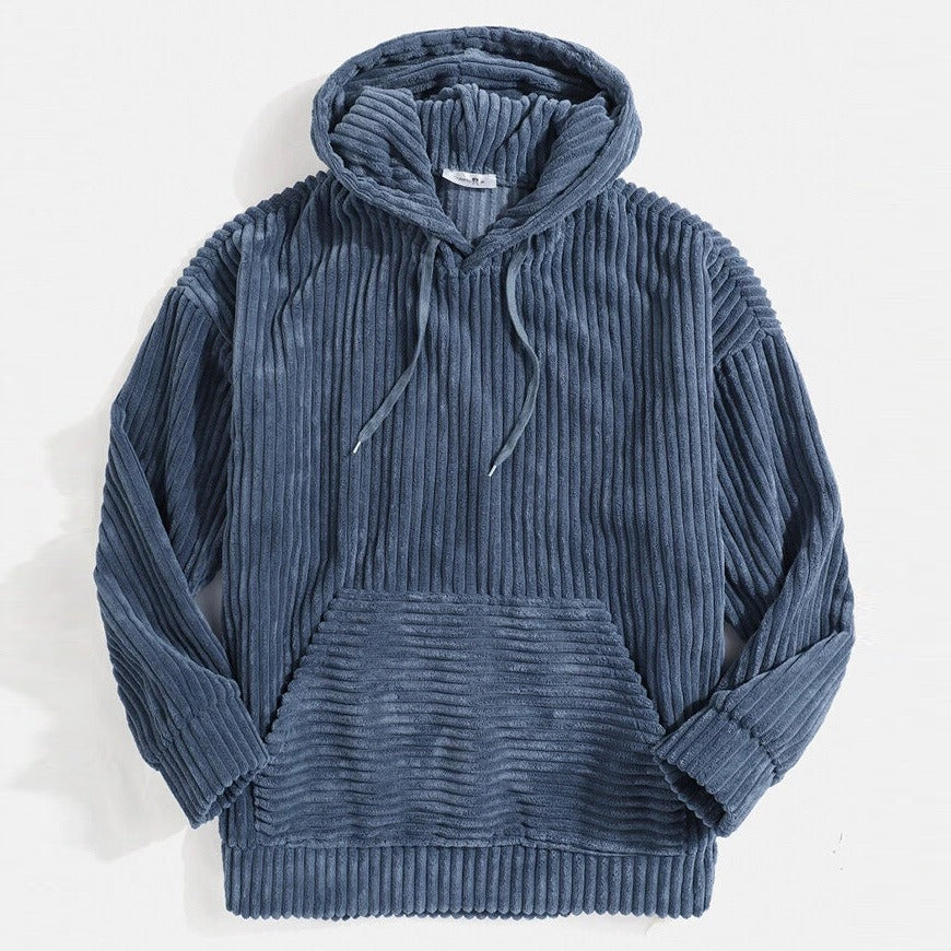 Men’s Hoodie – Corduroy Textured – Oversized Relaxed Fit – Kangaroo Pocket – Ribbed Trim