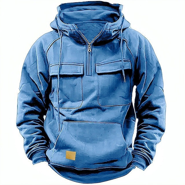 Men’s Hoodie – Relaxed Fit – Half Zip – Chest Flap Pockets – Cotton Fleece