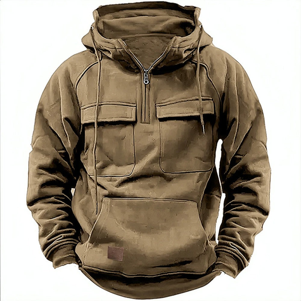 Men’s Hoodie – Relaxed Fit – Half Zip – Chest Flap Pockets – Cotton Fleece