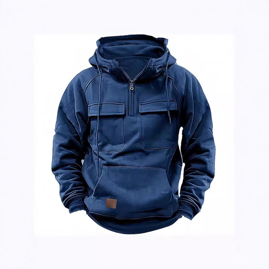 Men’s Hoodie – Relaxed Fit – Half Zip – Chest Flap Pockets – Cotton Fleece