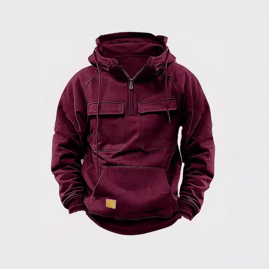 Men’s Hoodie – Relaxed Fit – Half Zip – Chest Flap Pockets – Cotton Fleece
