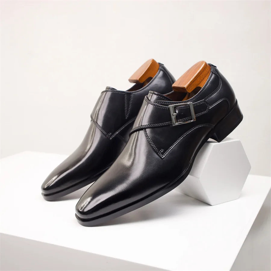 Stylish Leather Monk Strap Shoes - Elegant Buckle Design