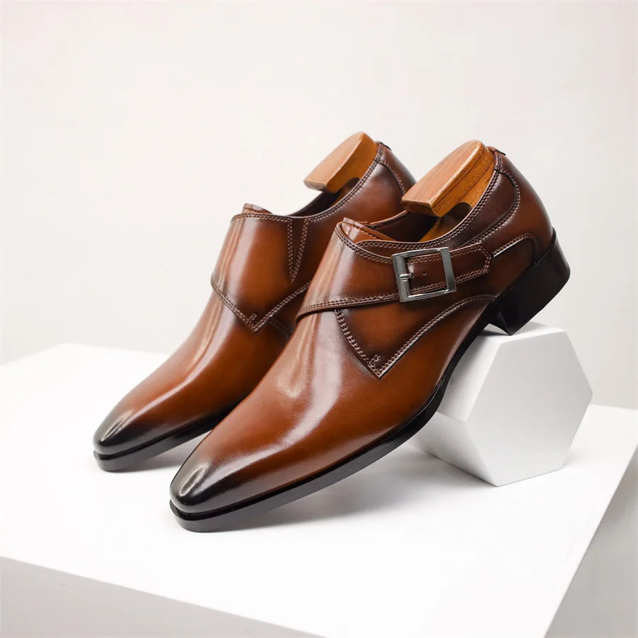 Stylish Leather Monk Strap Shoes - Elegant Buckle Design