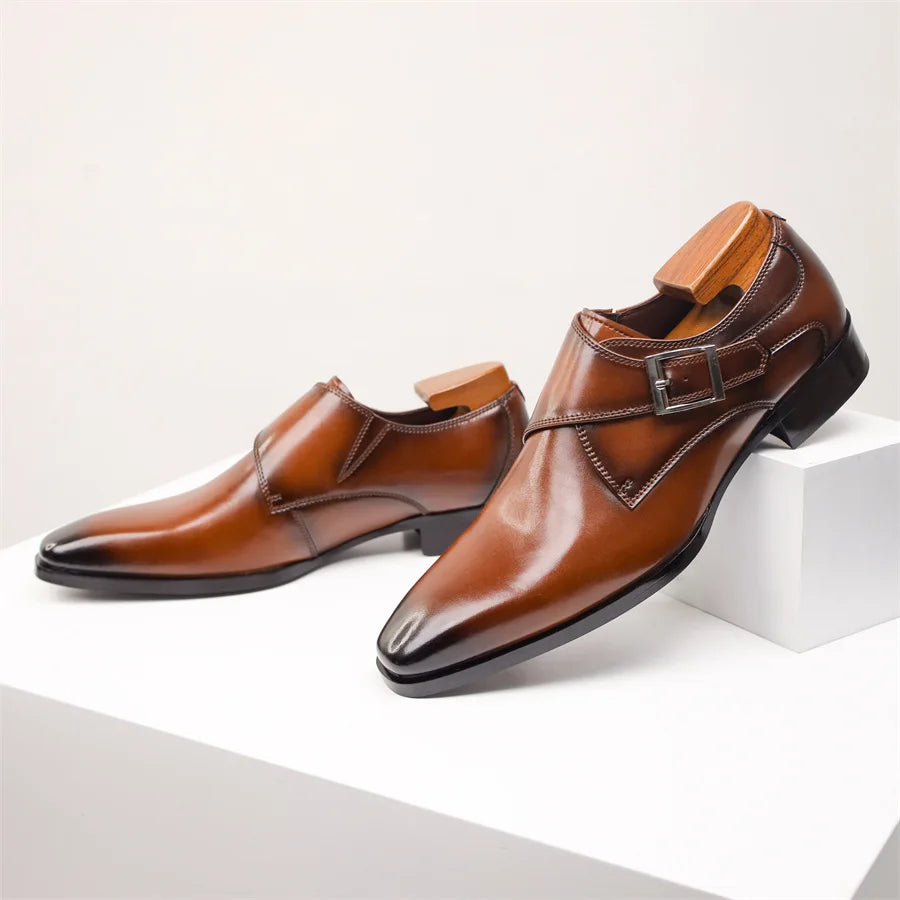Stylish Leather Monk Strap Shoes - Elegant Buckle Design