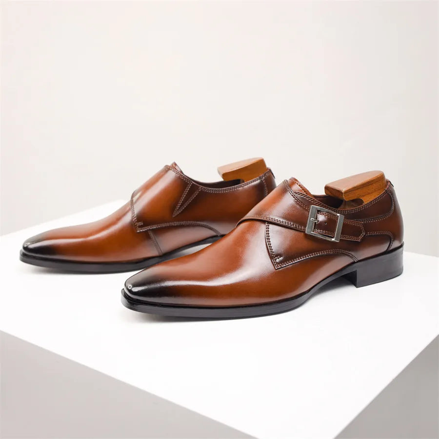 Stylish Leather Monk Strap Shoes - Elegant Buckle Design - OutfitLondon