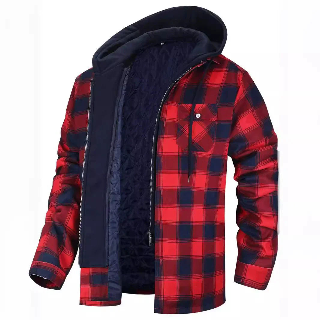 Men’s Jacket – Relaxed Fit – Plaid Pattern – Faux Layered – Sherpa Lined Hood