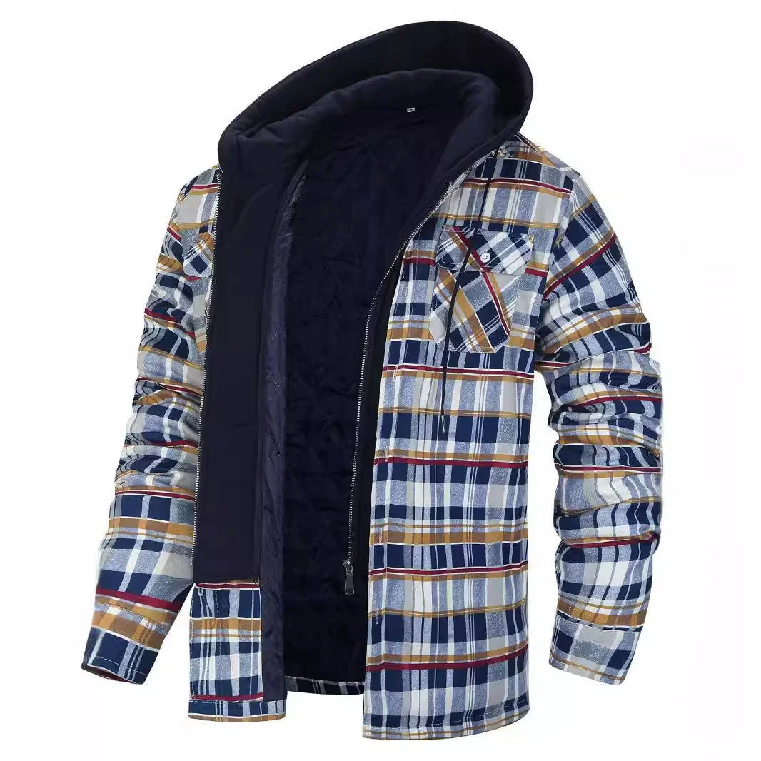 Men’s Jacket – Relaxed Fit – Plaid Pattern – Faux Layered – Sherpa Lined Hood