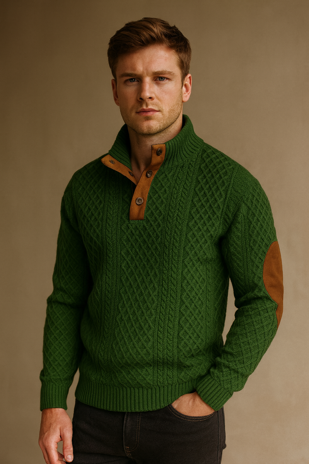 Men's Crew Neck Knit Sweater with Buttons