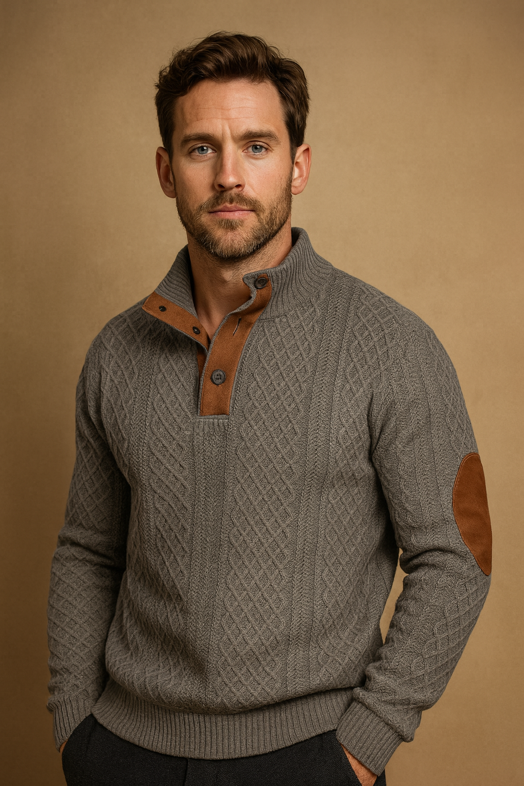 Men's Crew Neck Knit Sweater with Buttons