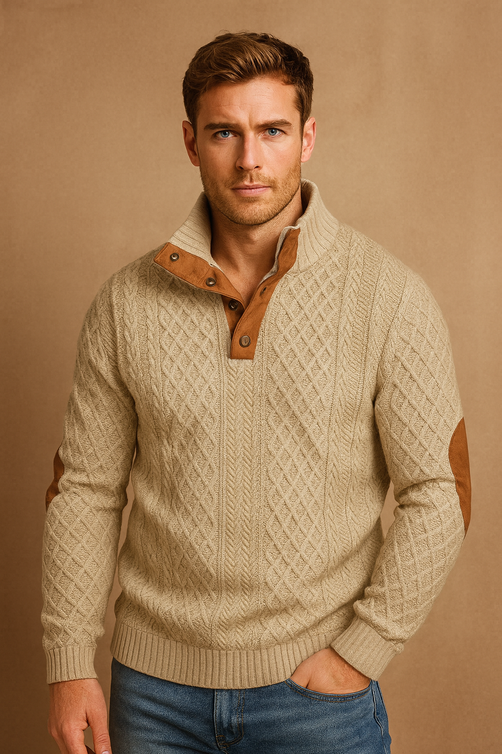 Men's Crew Neck Knit Sweater with Buttons - OutfitLondon